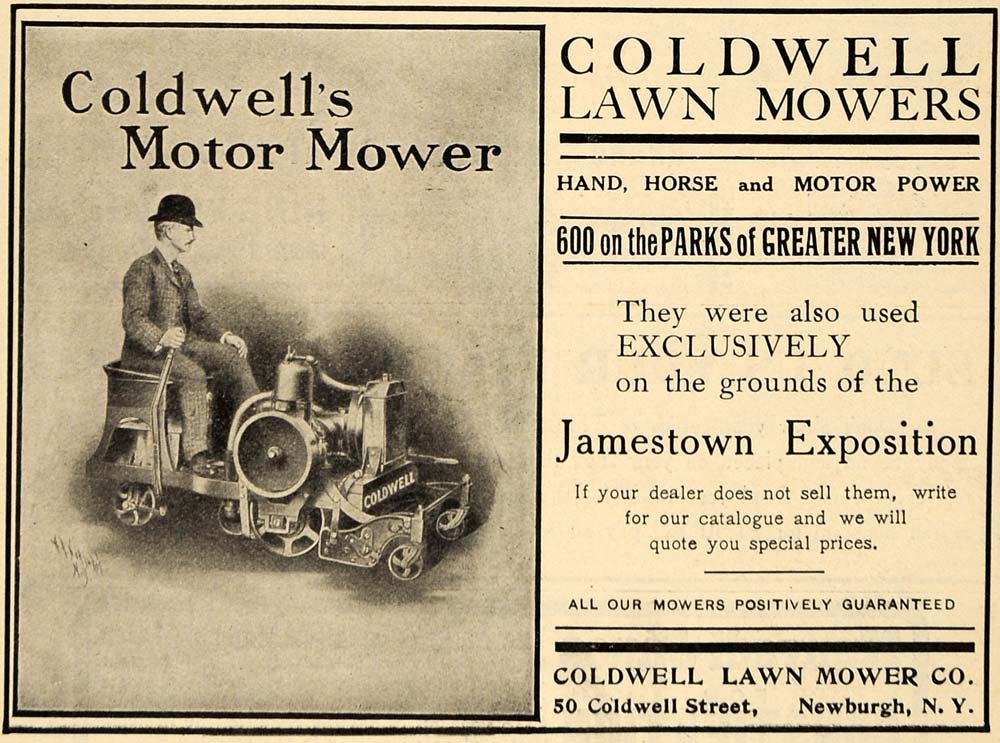 1908 Ad Coldwell Motor Lawn Mower Jamestown Exposition ORIGINAL TIN4