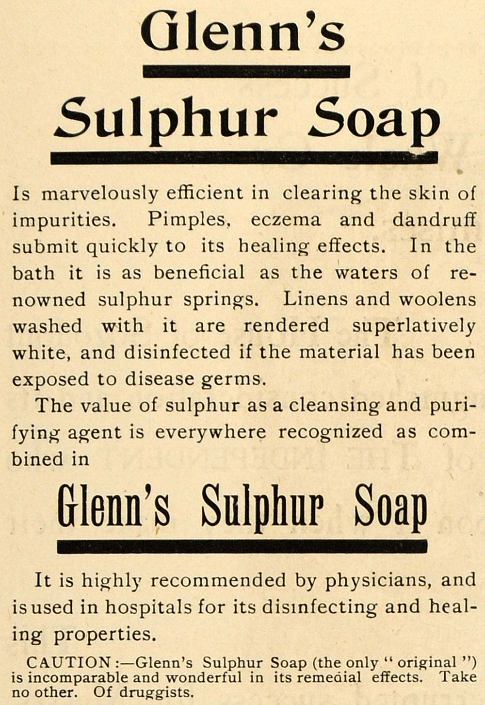 1898 Ad Glenn's Sulphur Soap Hygiene Health Skin Pimple - ORIGINAL TIN4