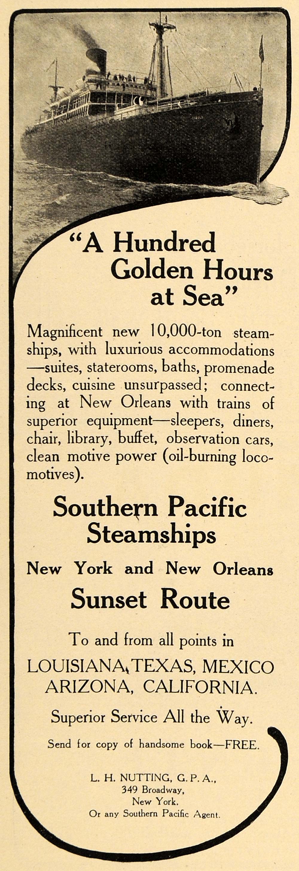 1908 Ad Southern Pacific Steamships Co. Sunset Route - ORIGINAL ADVERTISING TIN4