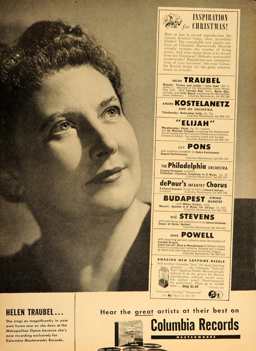 1947 Ad Columbia Records Helen Traubel Opera Soprano - ORIGINAL ADVERTISING TM1