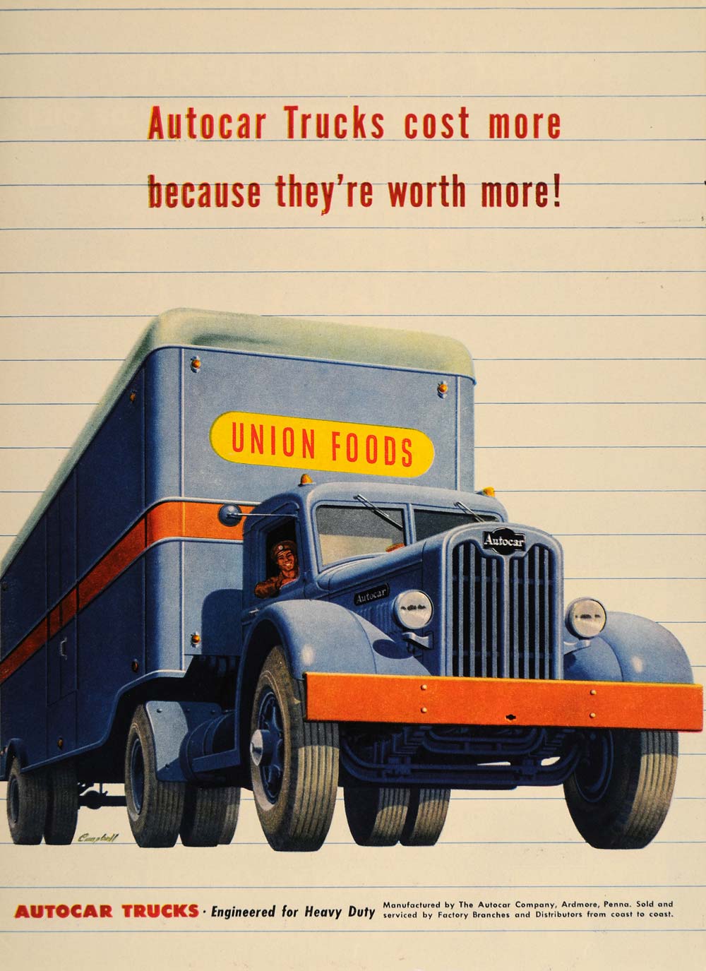 1947 Ad Union Foods Blue Autocar Semi Truck Ardmore PA - ORIGINAL TM1