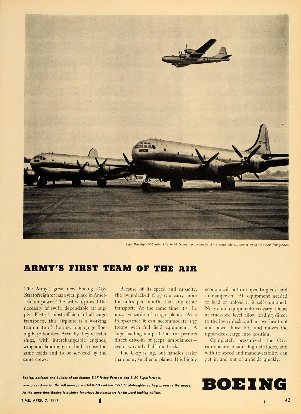 1947 Ad Boeing C-97 Stratofreighter B-50 Bomber Plane - ORIGINAL ADVERTISING TM1