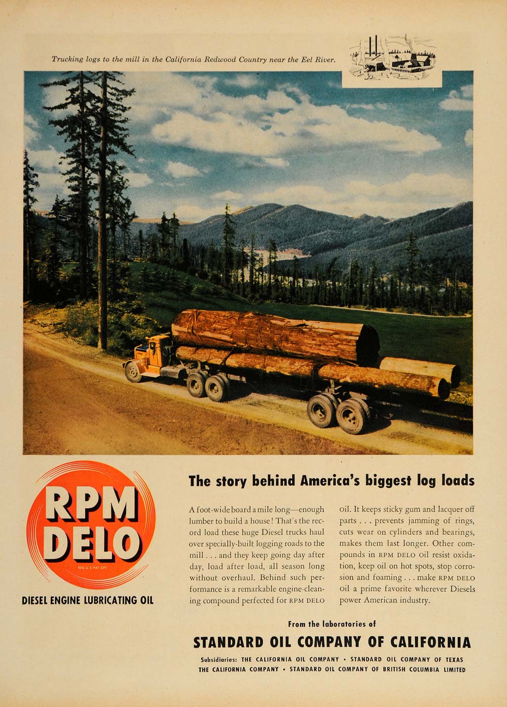 1949 Ad Standard Oil RPM DELO Logging Truck California - ORIGINAL TM1