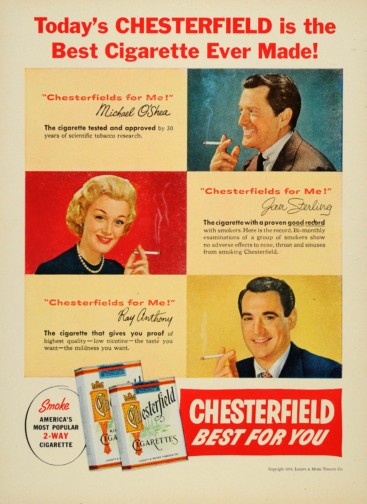 1954 Ad Chesterfield Cigarettes Jan Sterling O'Shea - ORIGINAL ADVERTISING TM3