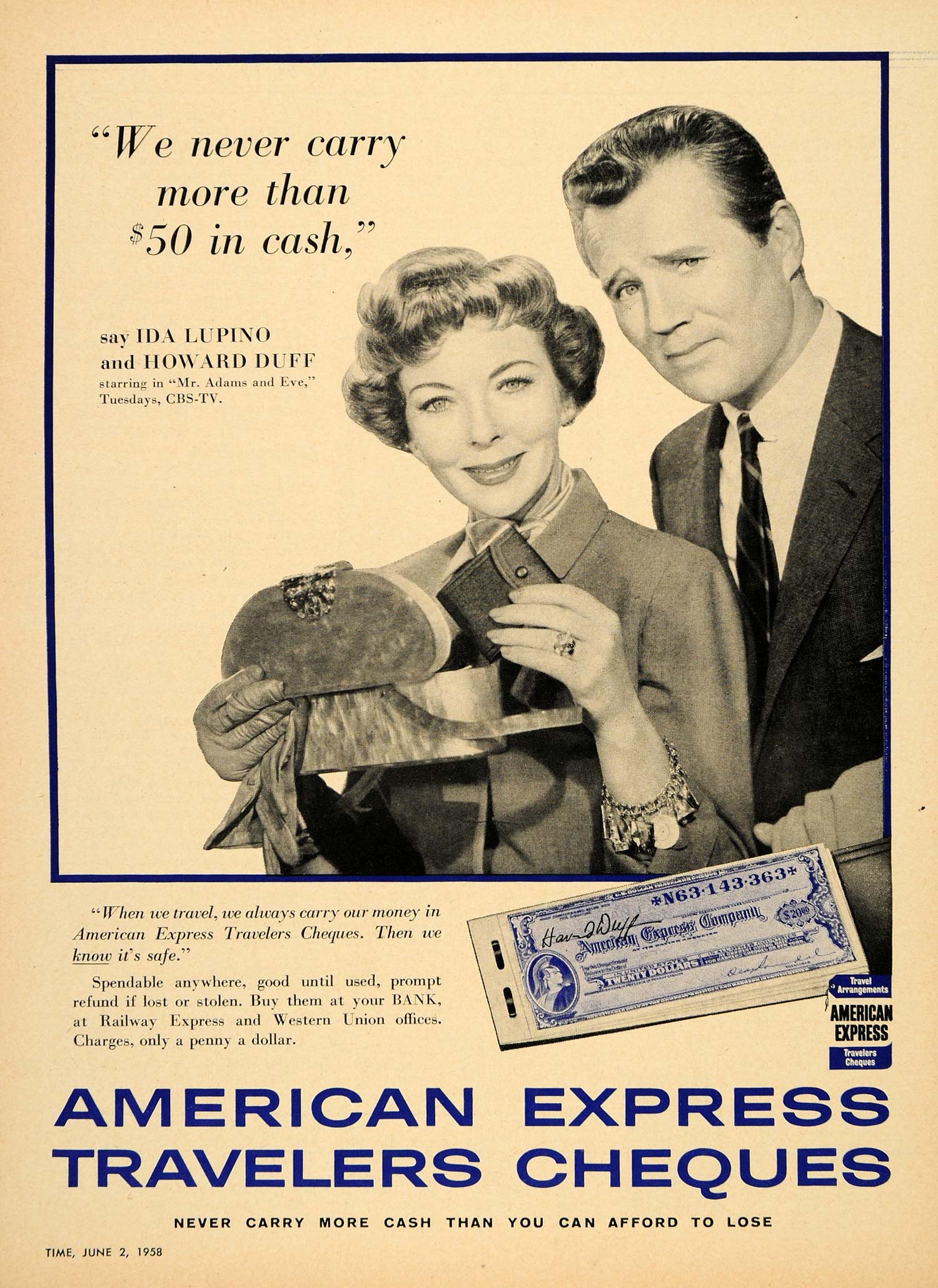 1958 Ad Howard Duff Travelers Cheques American Express - ORIGINAL TM3