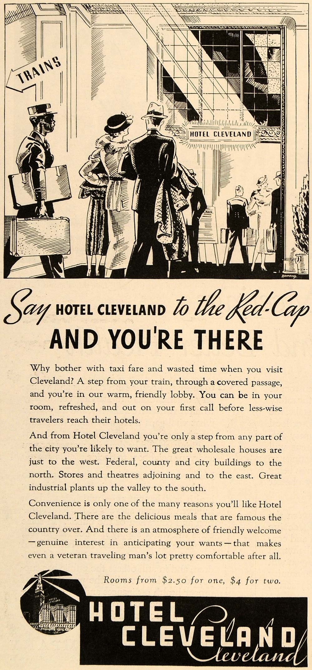 1935 Ad Hotel Cleveland Ohio Service Travelers Rates - ORIGINAL ADVERTISING TM4