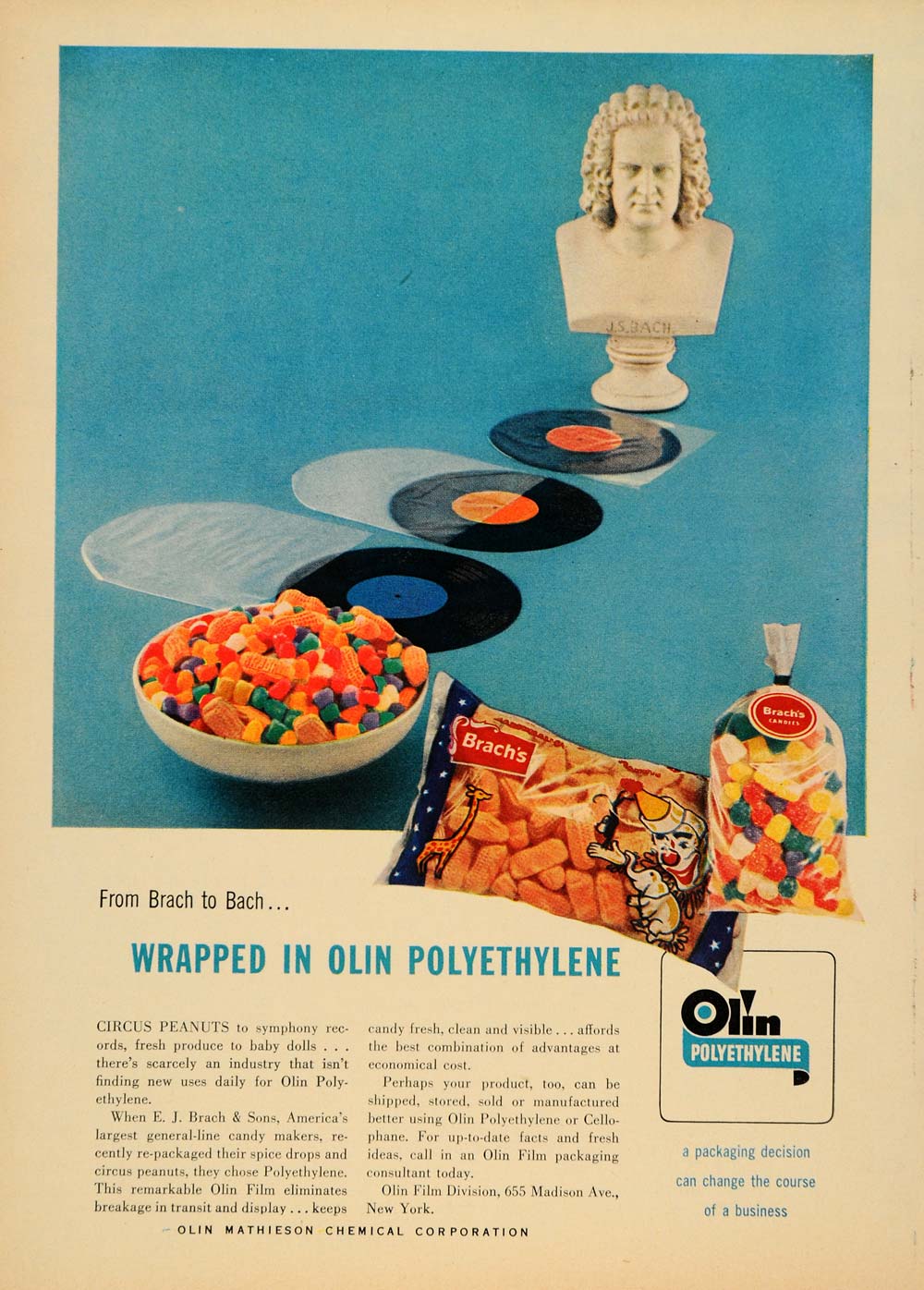 1955 Ad Olin Polyethylene Plastic Brach Bach Candy Art - ORIGINAL TM5