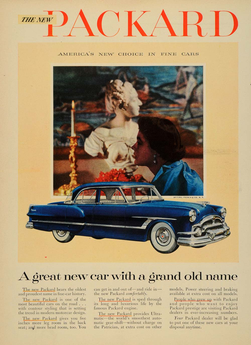 1953 Ad Blue Packard Automobile Statue Decoration Woman - ORIGINAL TM6