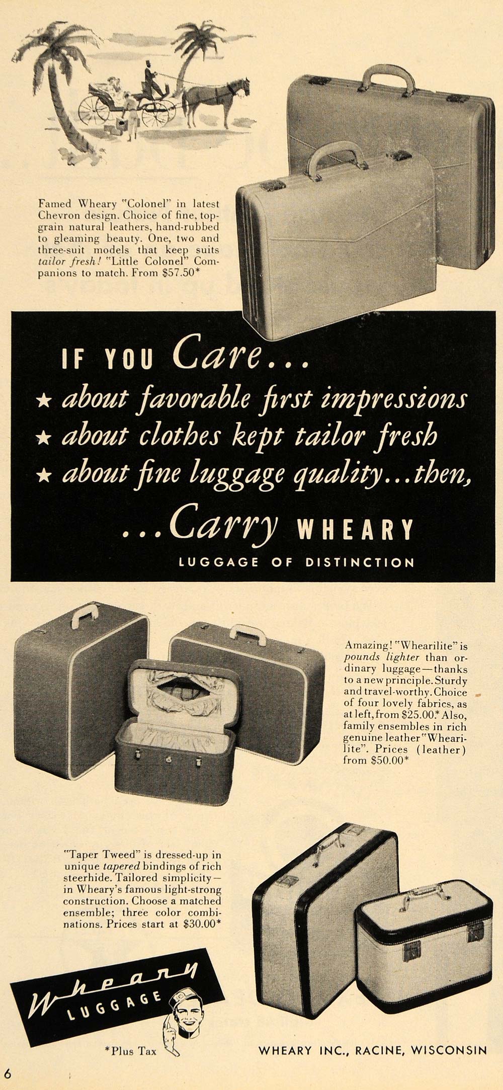 1953 Ad Wheary Luggage Suitcase Travel Tweed Colonel - ORIGINAL ADVERTISING TM6