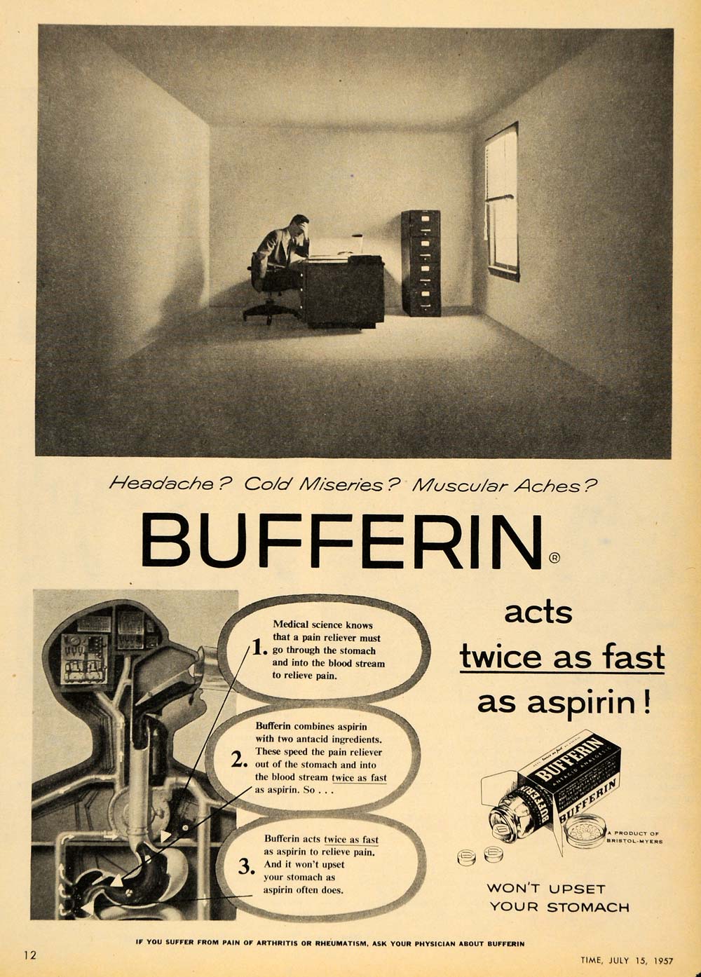 1957 Ad Bufferin Headache Muscle Ache Cold Flu Aspirin - ORIGINAL TM6