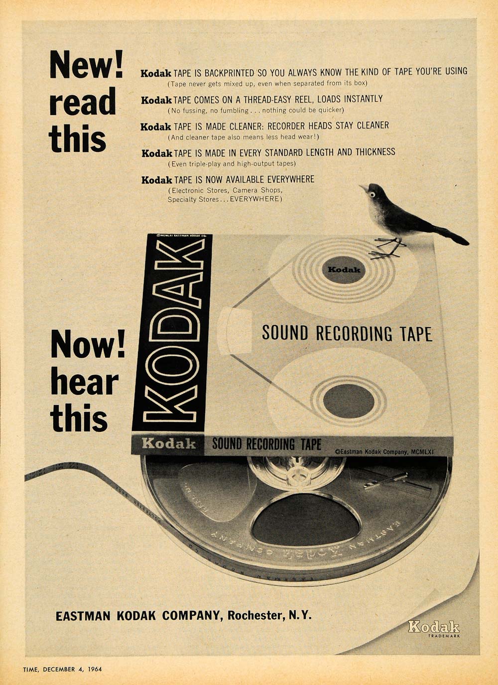 1964 Ad Eastman Kodak Sound Recording Tape Rochester NY - ORIGINAL TM6 –  Period Paper Historic Art LLC
