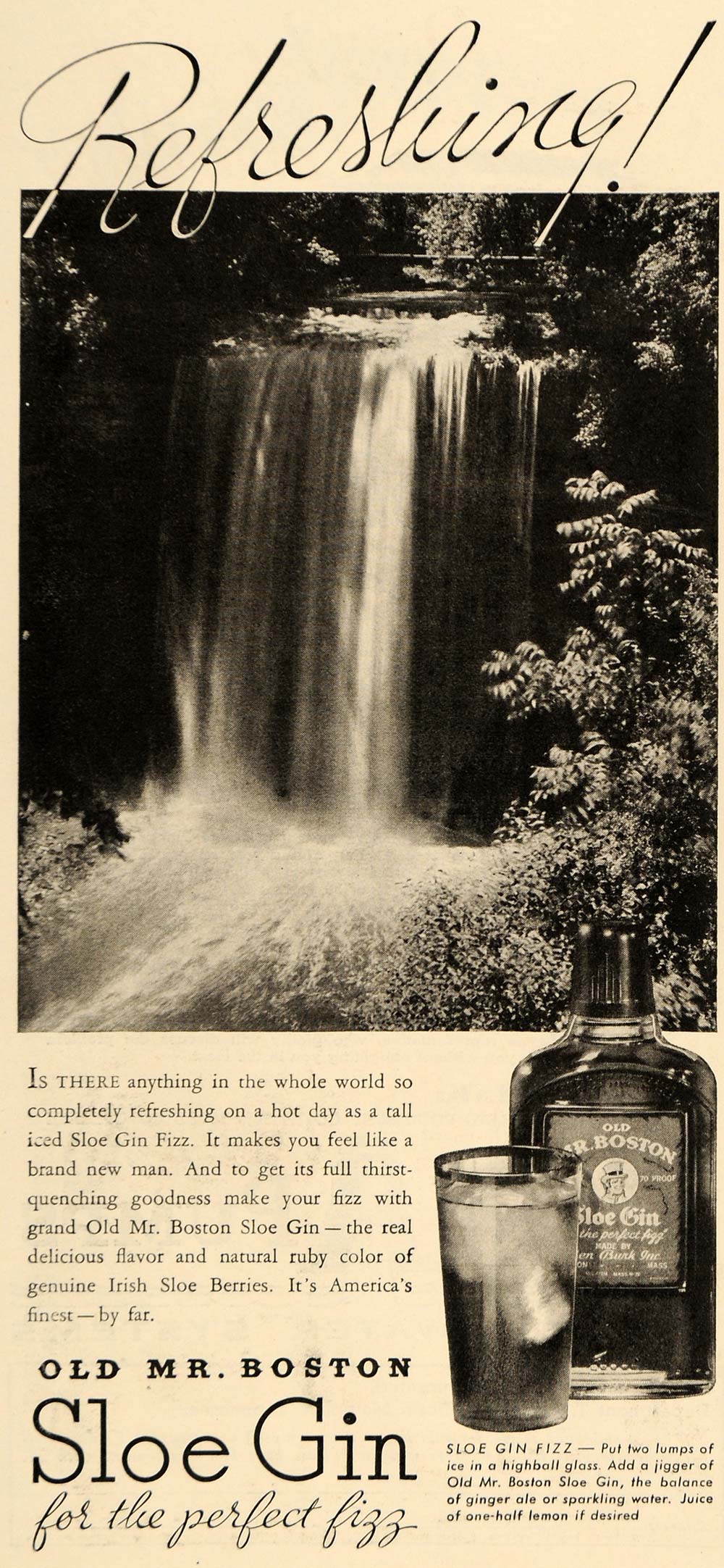 1935 Ad Old Mr. Boston Sloe Gin Fizz Recipe Waterfall - ORIGINAL ADVERTISING TM7