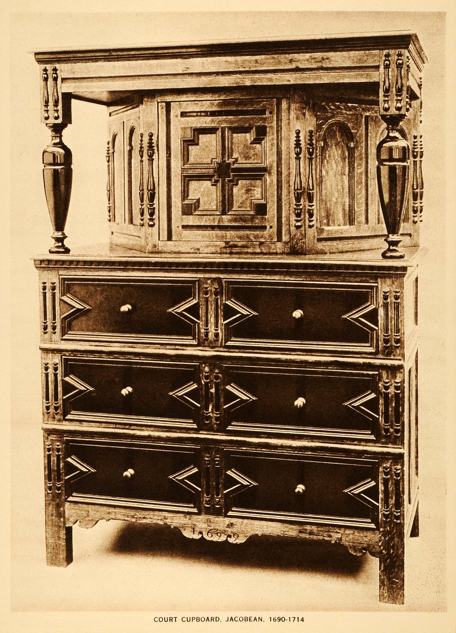 1914 Intaglio Print Jacobean Court Cupboard Furniture Chest Drawers An ...