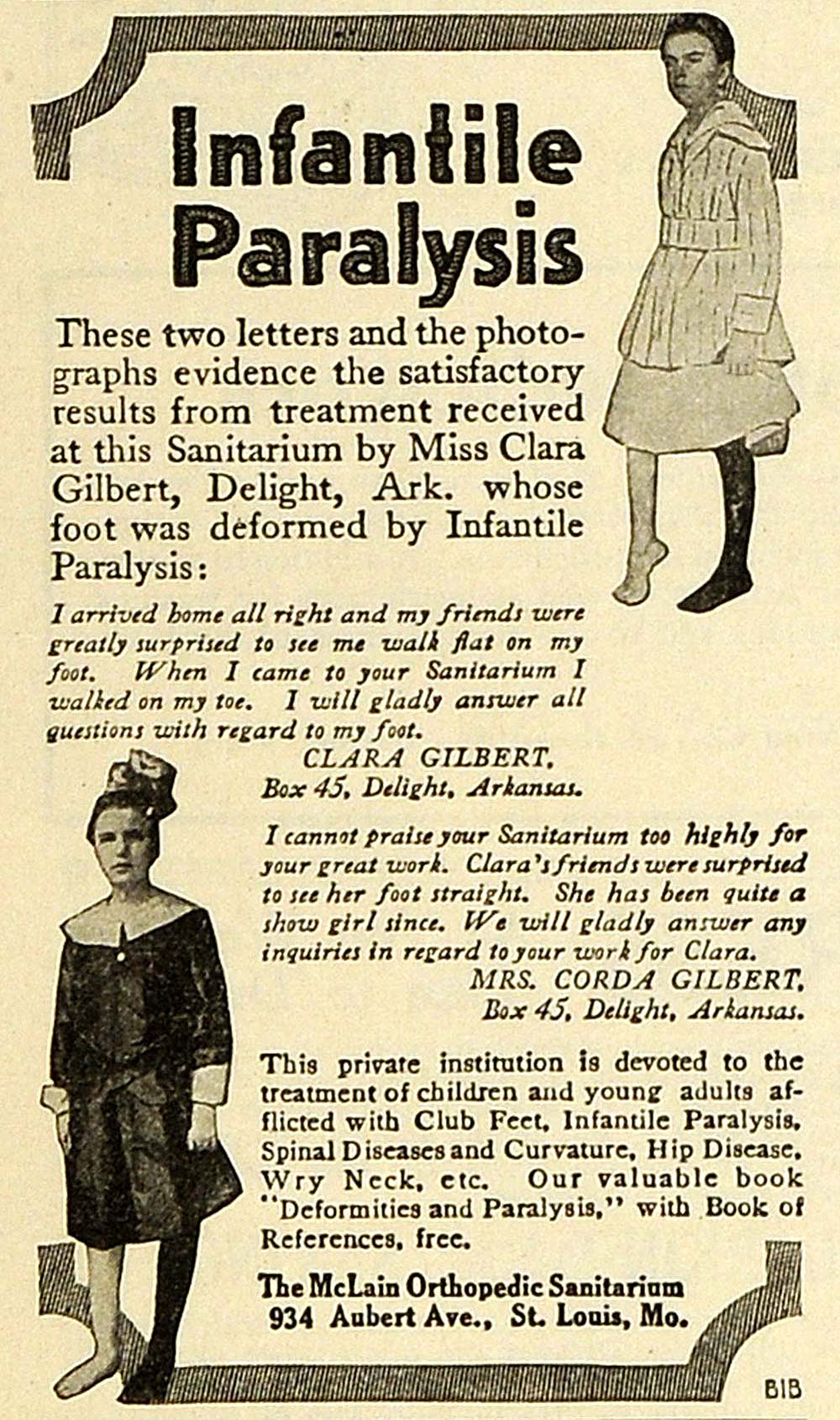 1918 Ad McLain Orthopedic Sanitarium Clara Gilbert Delight Arkansas TM –  Period Paper Historic Art LLC