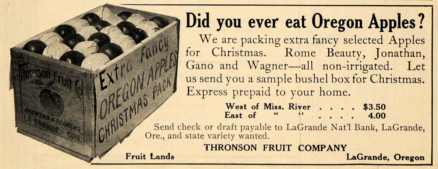 1910 Ad Thronson Fruit Co. Oregon Apples Christmas Pack - ORIGINAL TOM1