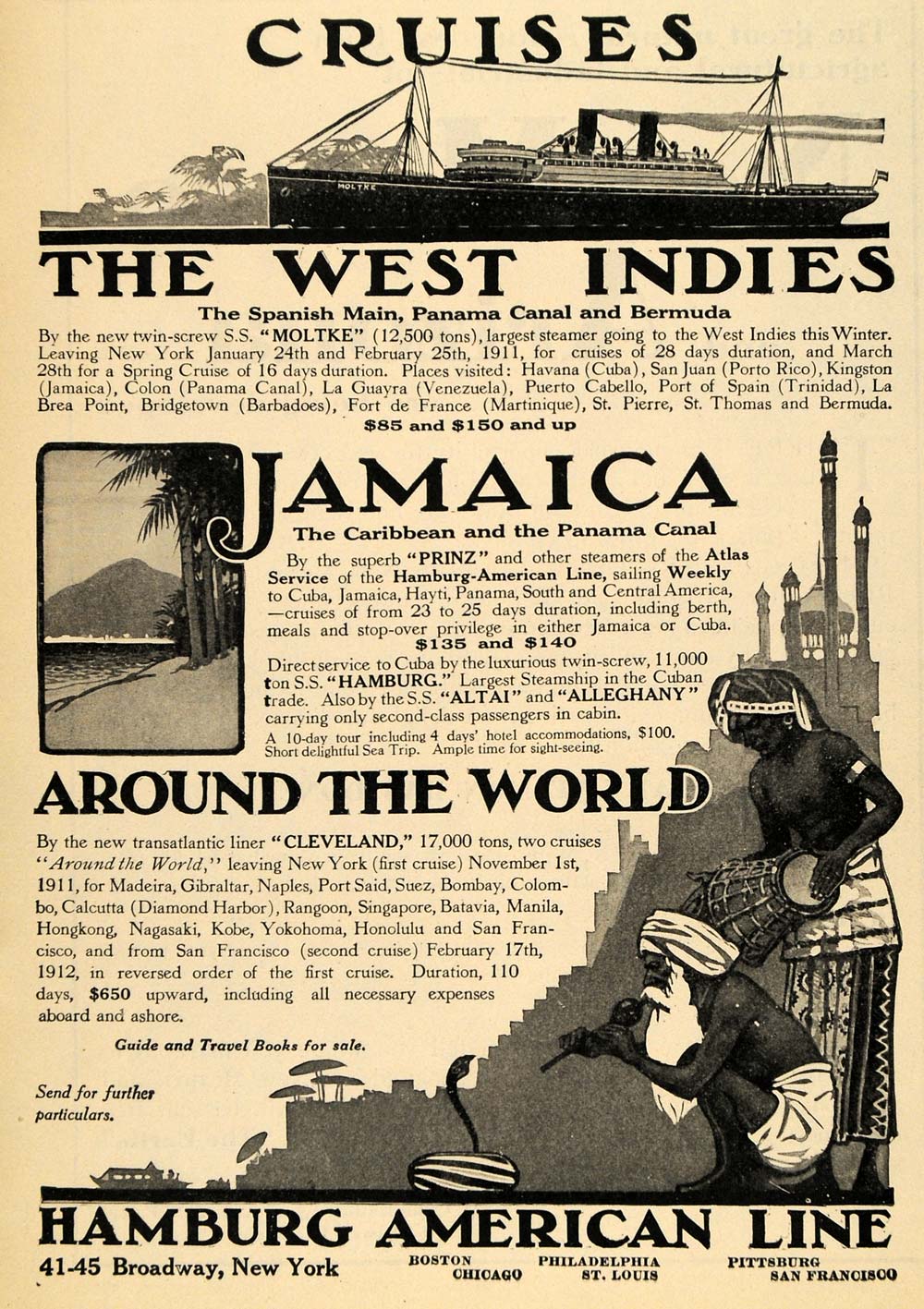 1911 Ad Cruise West Indies Jamaica Hamburg American - ORIGINAL ADVERTISING TOM1