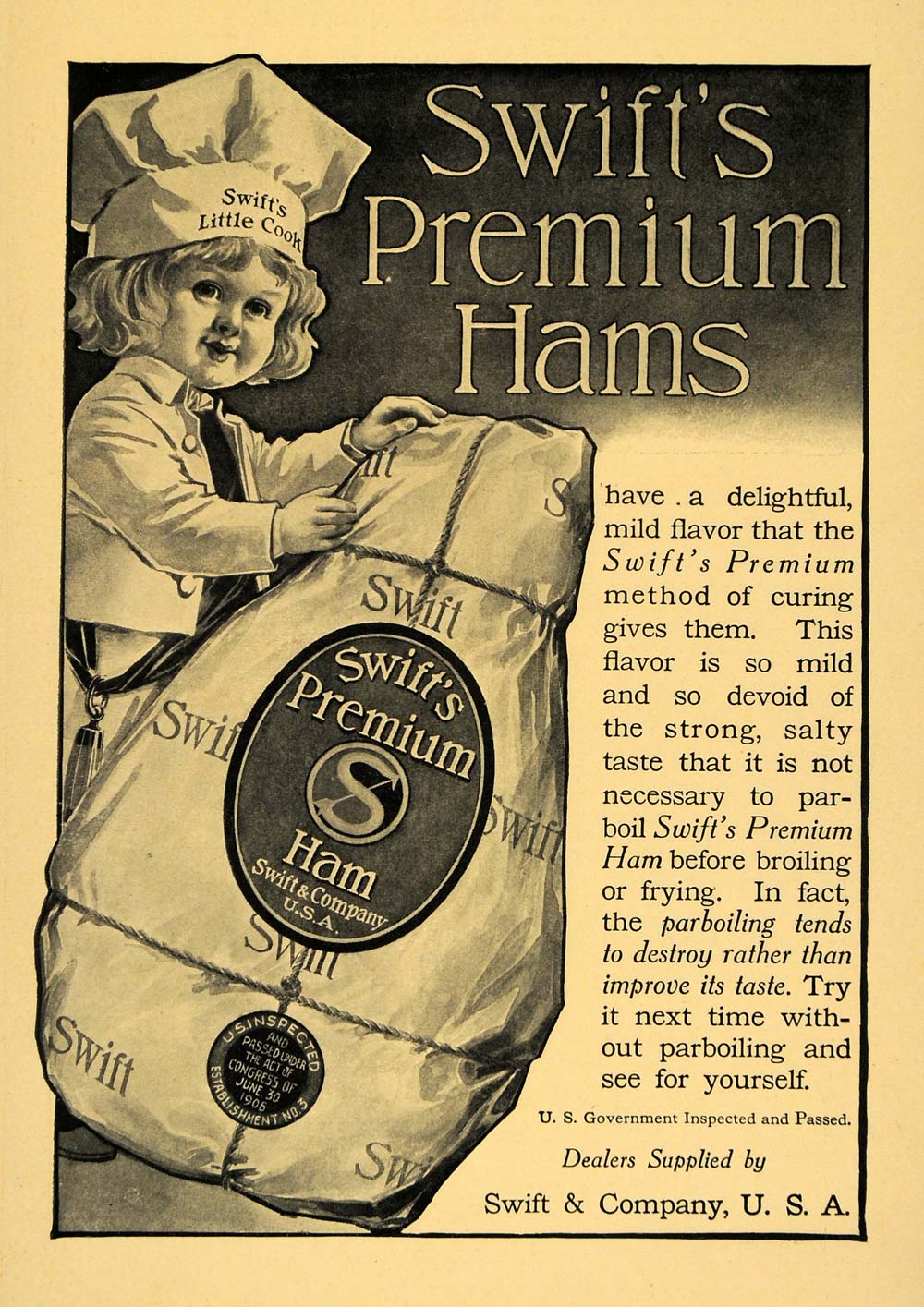 1911 Ad Child Chef Swift & Company Premium Hams Meat - ORIGINAL ADVERTISING TOM1