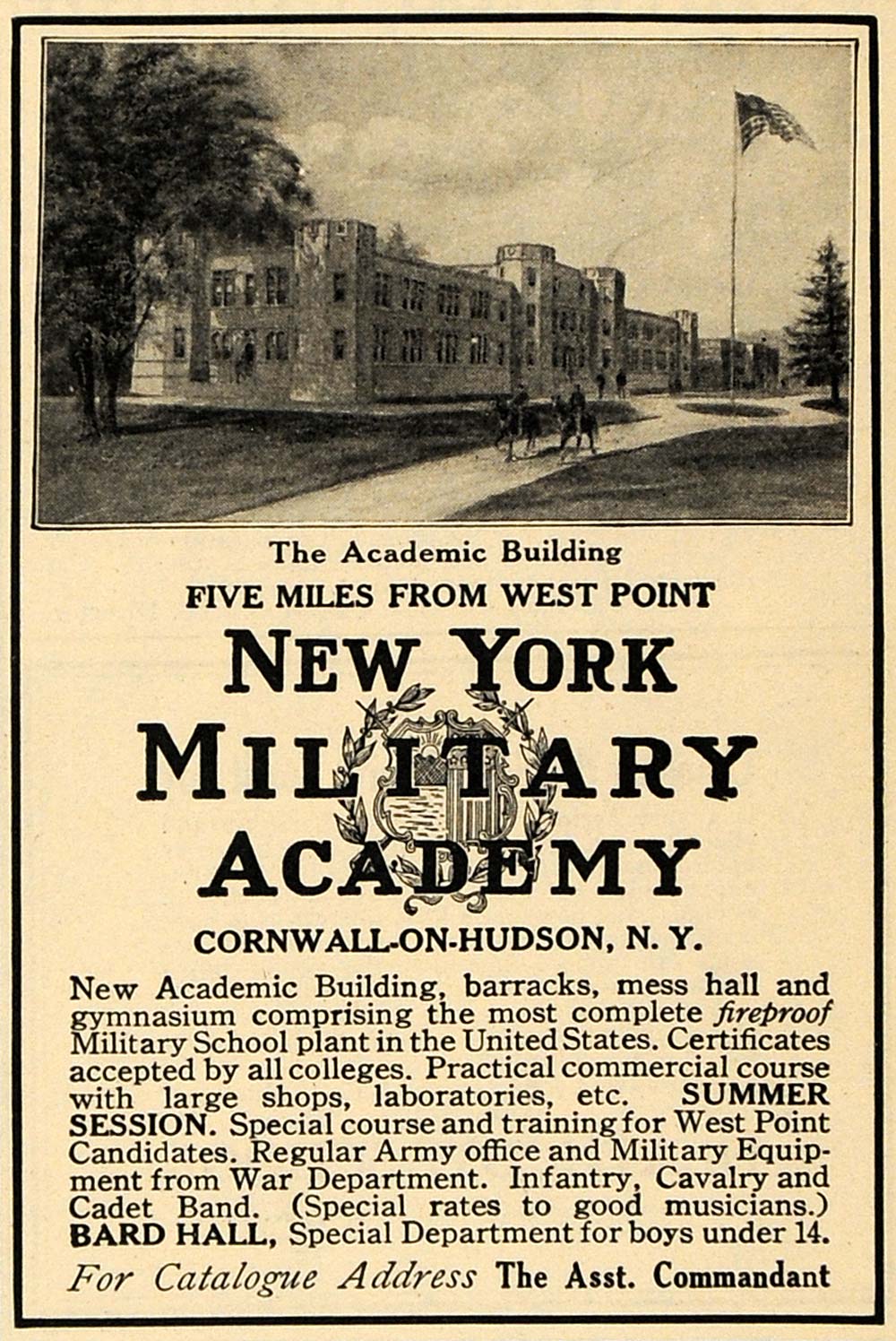 1912 Ad New York Military Academy Bard Hall Barracks - ORIGINAL ADVERTISING TOM1