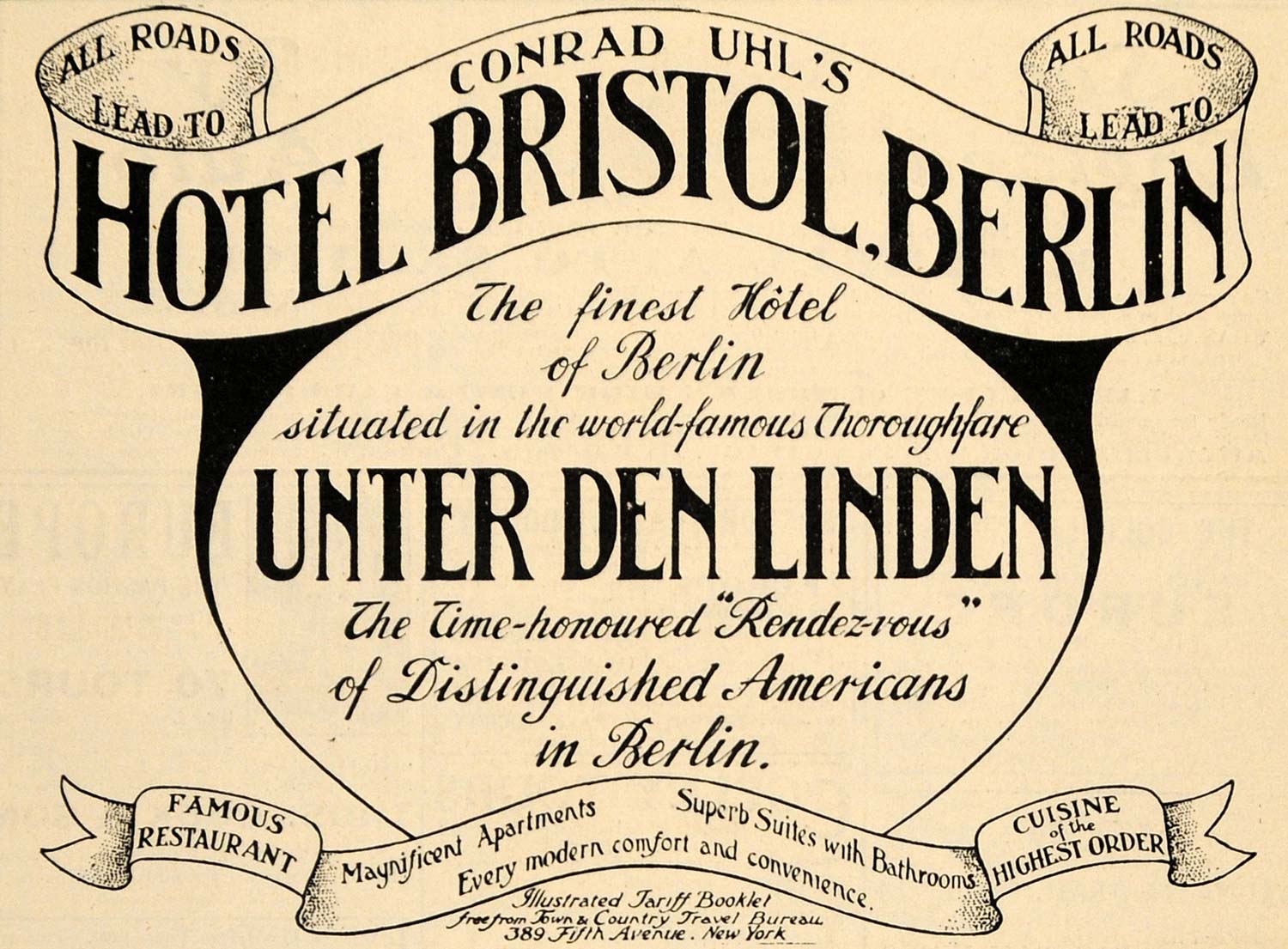 1910 Ad Conrad Uhls Hotel Bristol Berlin Unter Linden - ORIGINAL TOM3