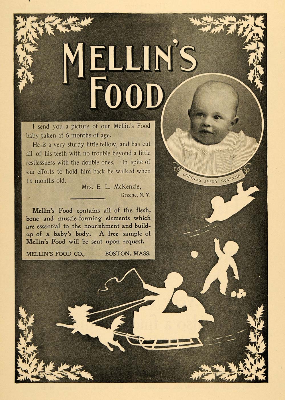 1898 Ad Douglas Avery McKenzie Mellins Food Baby Sled - ORIGINAL TOM3