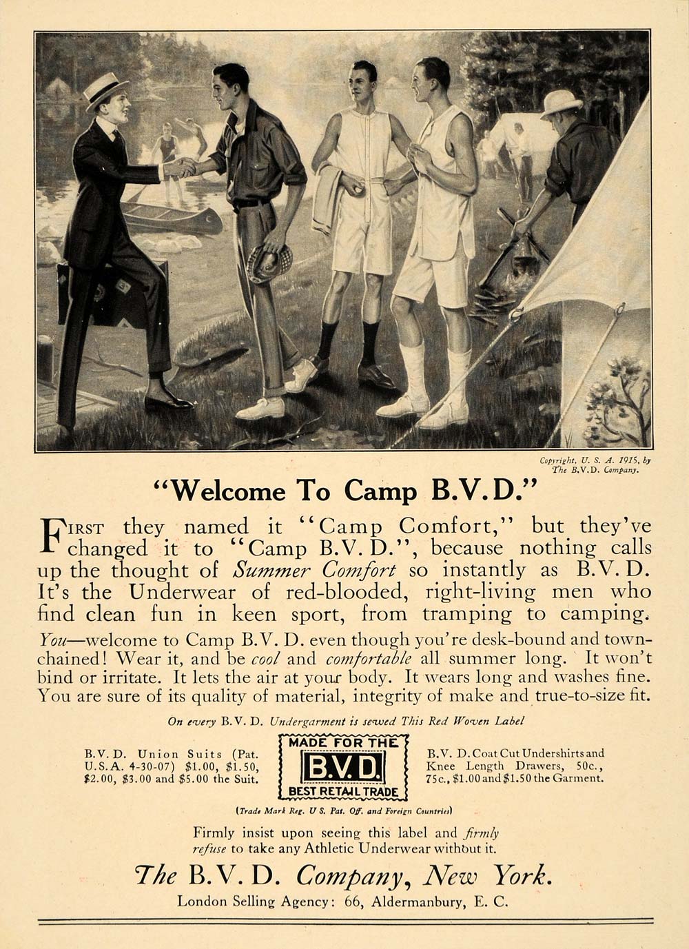 1915 Ad BVD Co. Underwear Clothing Summer Camping Sport - ORIGINAL