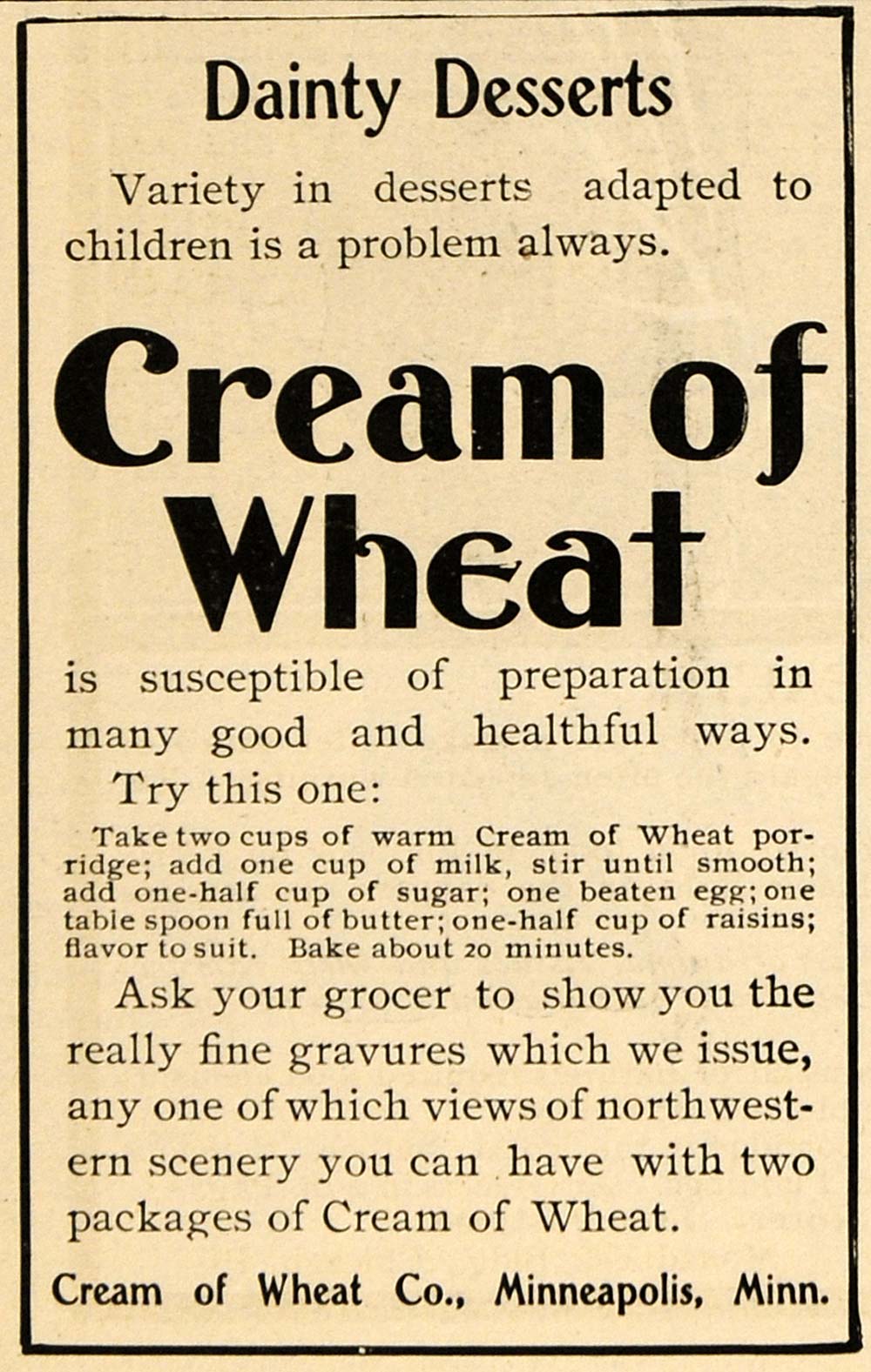 1900 Ad Cream of Wheat Co Dainty Dessert Food Minnesota - ORIGINAL TOM3