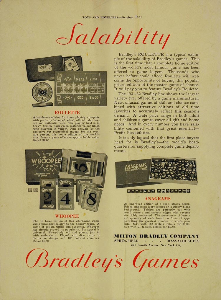 1931 Ad Milton Bradley Games Roulette Whoopee Anagrams - ORIGINAL TOYS2