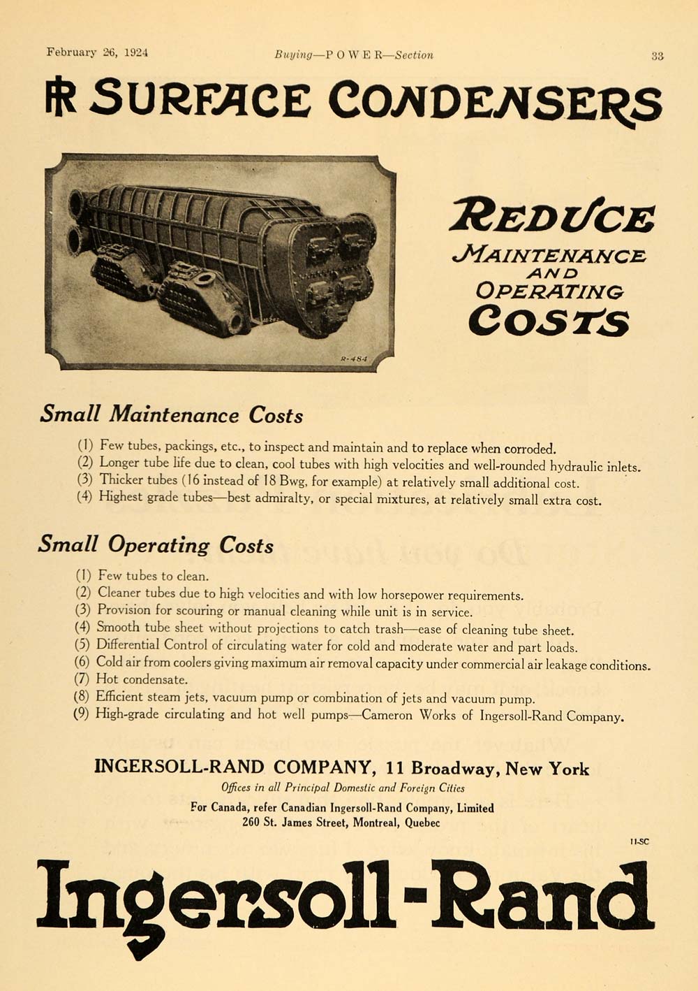 1924 Ad Ingersoll Rand Surface Condensers Tubes NY I-R - ORIGINAL TPM1