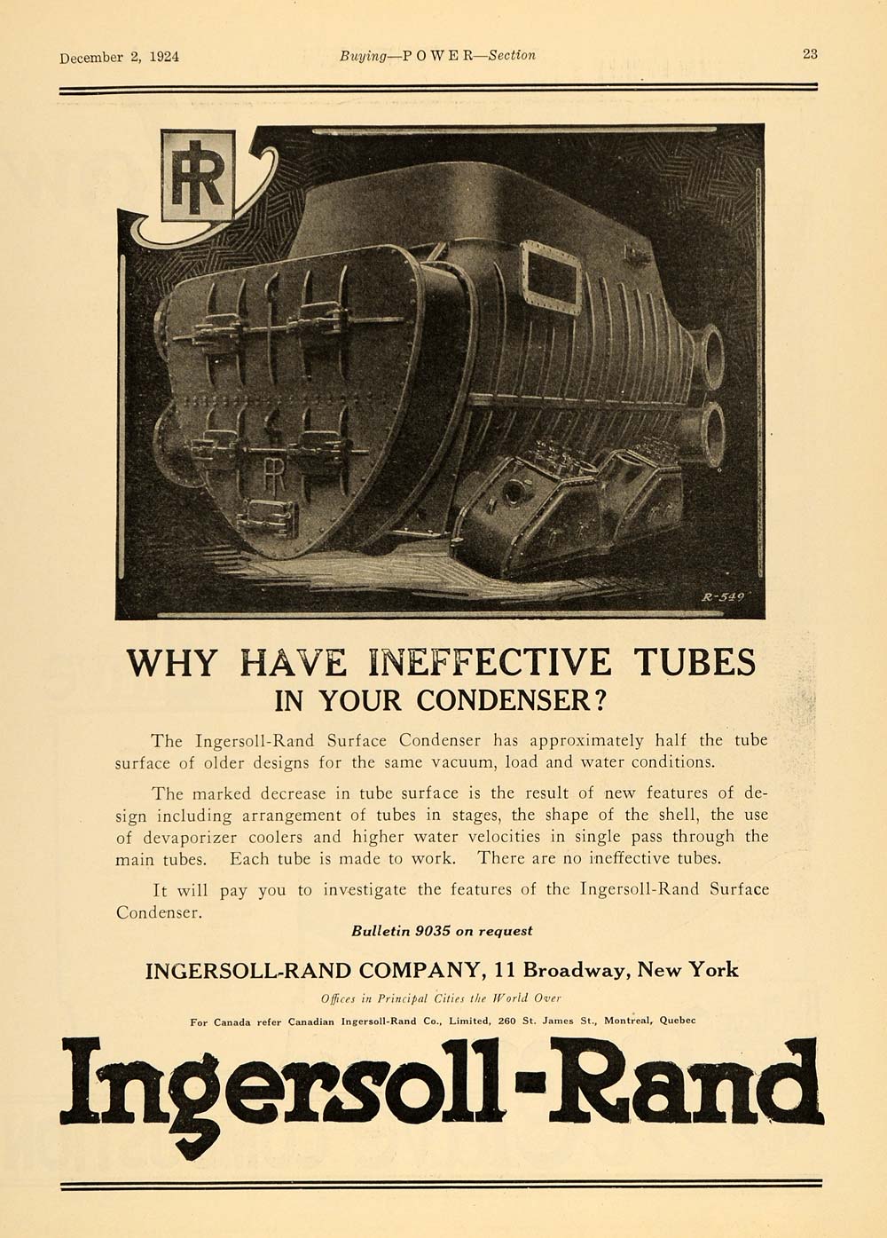 1924 Ad Ingersoll-Rand Surface Condenser Tube R-549 - ORIGINAL ADVERTISING TPM1