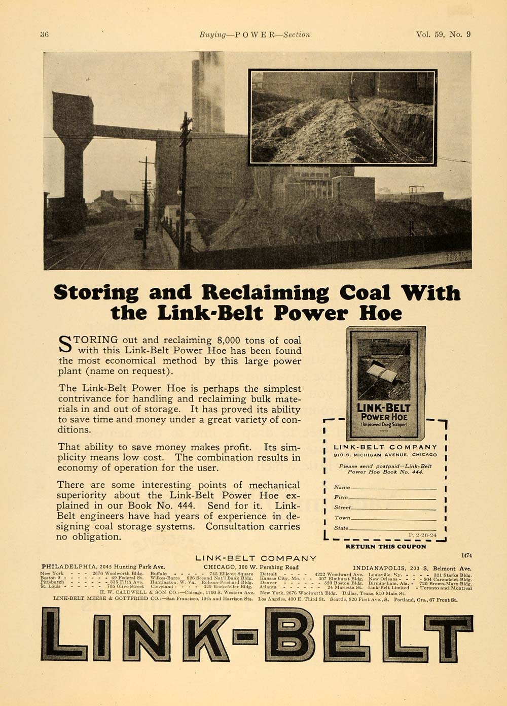 1924 Ad Link Belt Power Hoe Coal Storing Reclaiming - ORIGINAL ADVERTISING TPM1