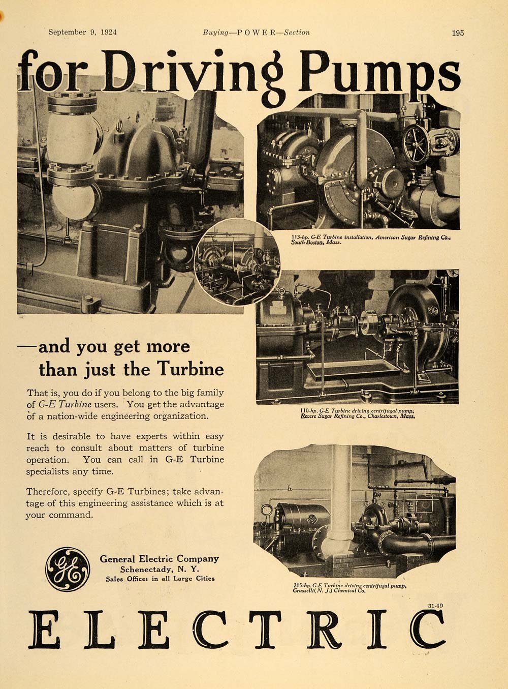 1924 Ad General Electric Co. G-E Turbines Engines NY - ORIGINAL ADVERTISING TPM1