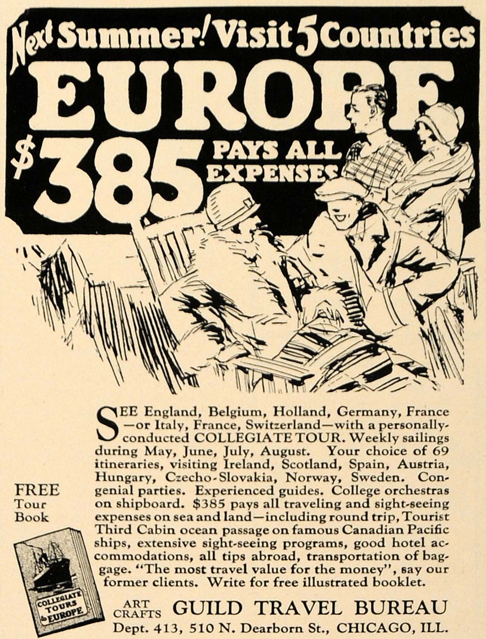 1928 Ad Guild Travel Bureau Europe Canadian Pacific - ORIGINAL ADVERTISING TRV1