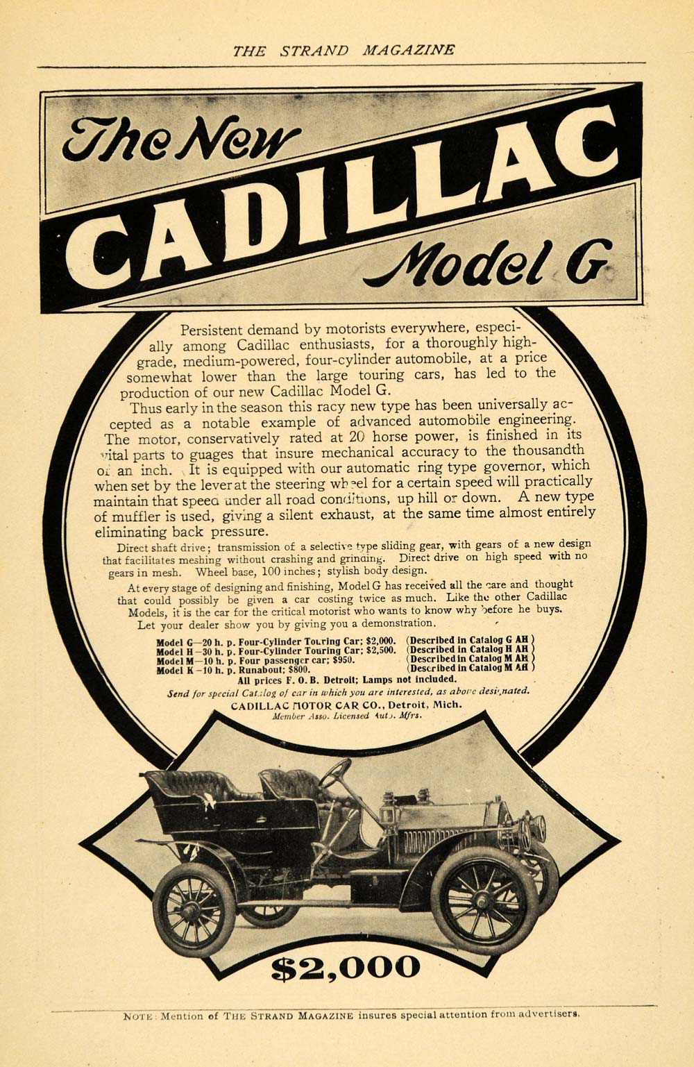 1907 Ad Model G Four Cylinder Touring Car Cadillac H M - ORIGINAL TSM1