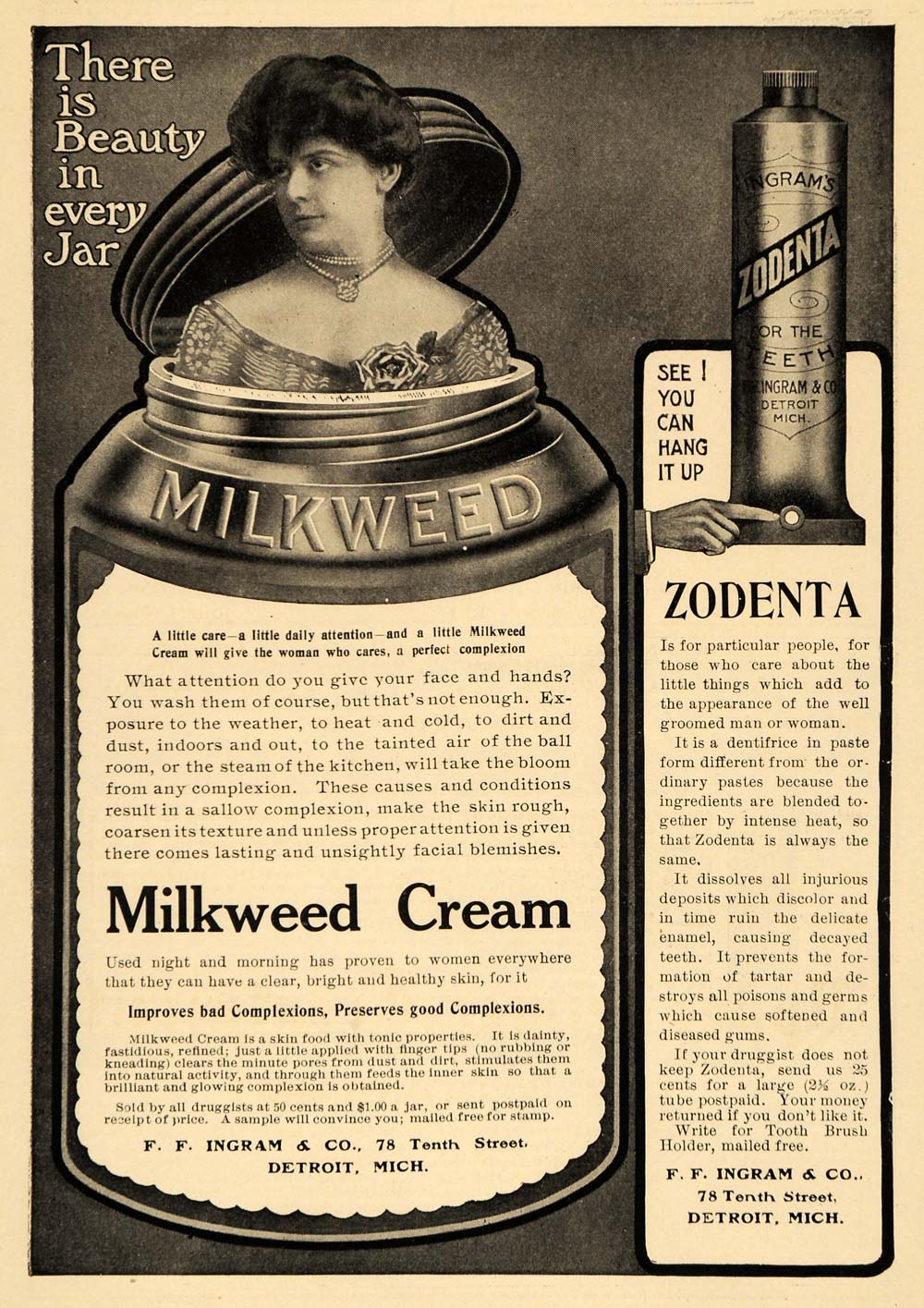 1907 Ad Milkweek Cream Zodenta F F Ingram Beauty Jar - ORIGINAL ADVERTISING TSM1