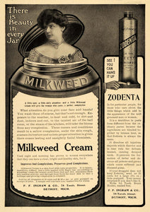 1907 Ad Milkweek Cream Zodenta F F Ingram Beauty Jar - ORIGINAL ADVERTISING TSM1