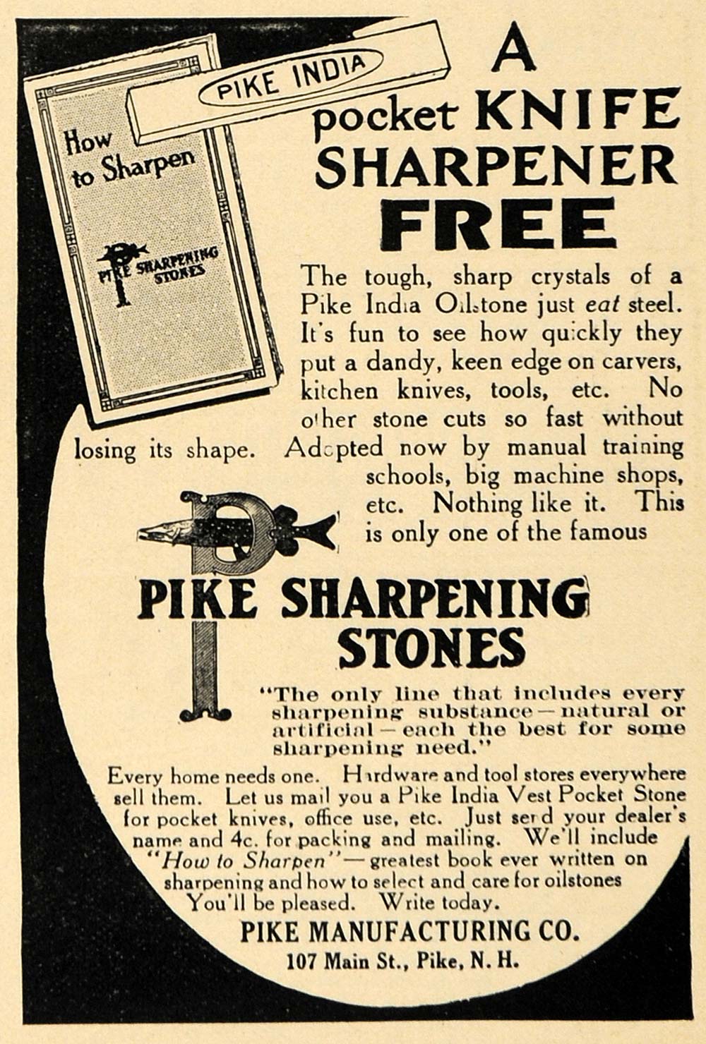 1912 Ad Pike Manufacturer India Oilstone Sharpen Stone - ORIGINAL TW1 ...