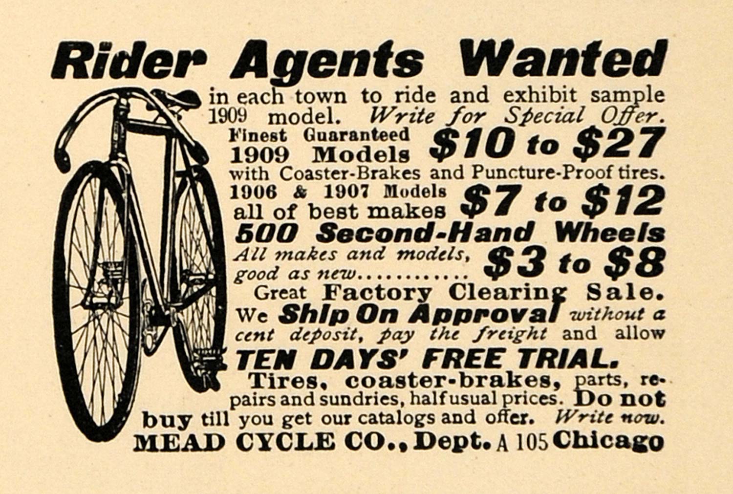 1908 Ad Rider Agents Wanted Mead Cycle Wheel Bicycles - ORIGINAL ADVERTISING TW1