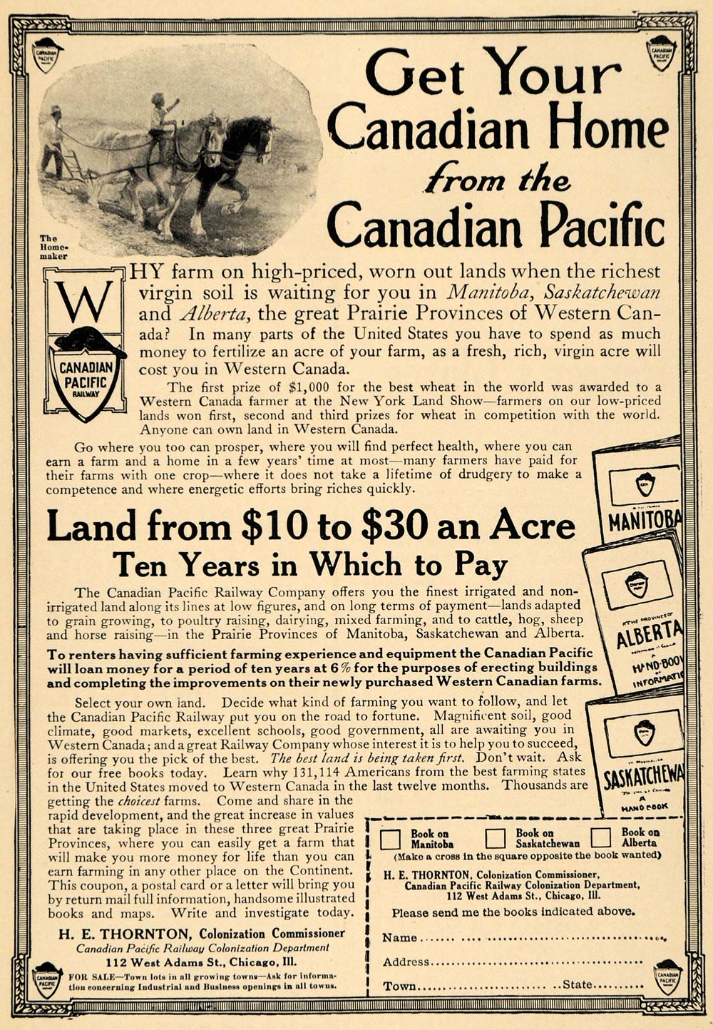 1912 Ad Candain Pacific Railway Land Acreage For Sale - ORIGINAL ADVERTISING TW1