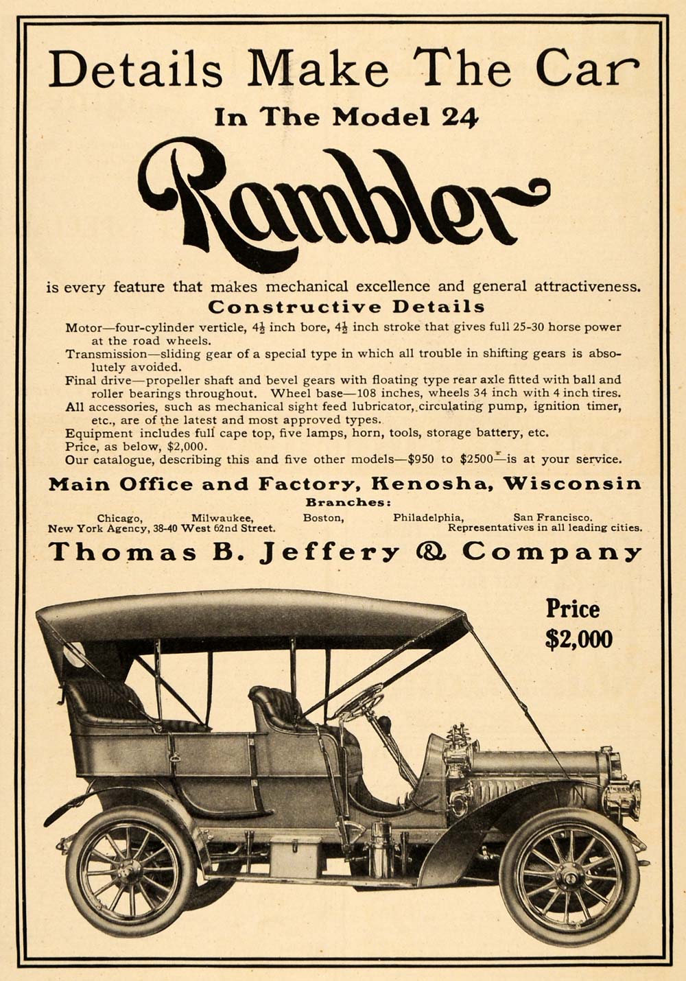 1907 Ad Rambler Thomas Jeffery Automobile Car Model 24 - ORIGINAL TW3