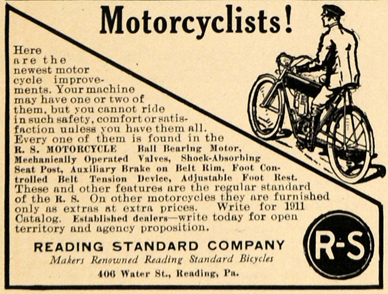 1911 Ad Motorcycle Reading Standard Pennsylvania Motor - ORIGINAL TW3