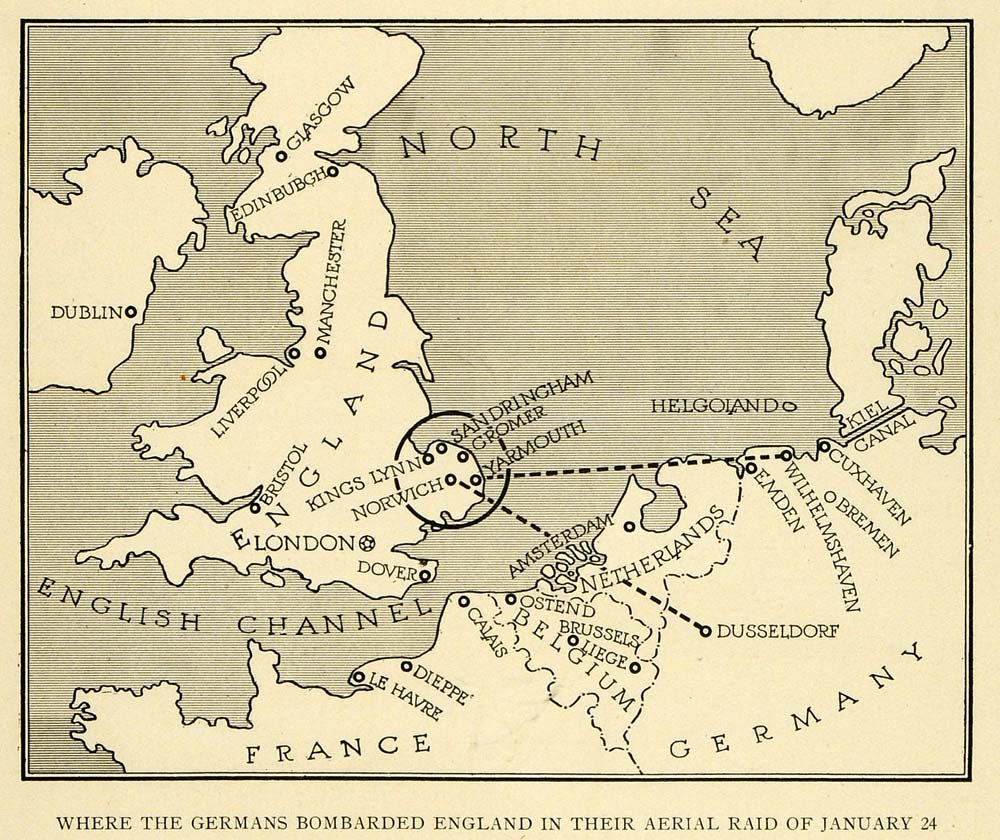 1915 Print WWI German Attack Map England Aerial Raid World War I Milit ...