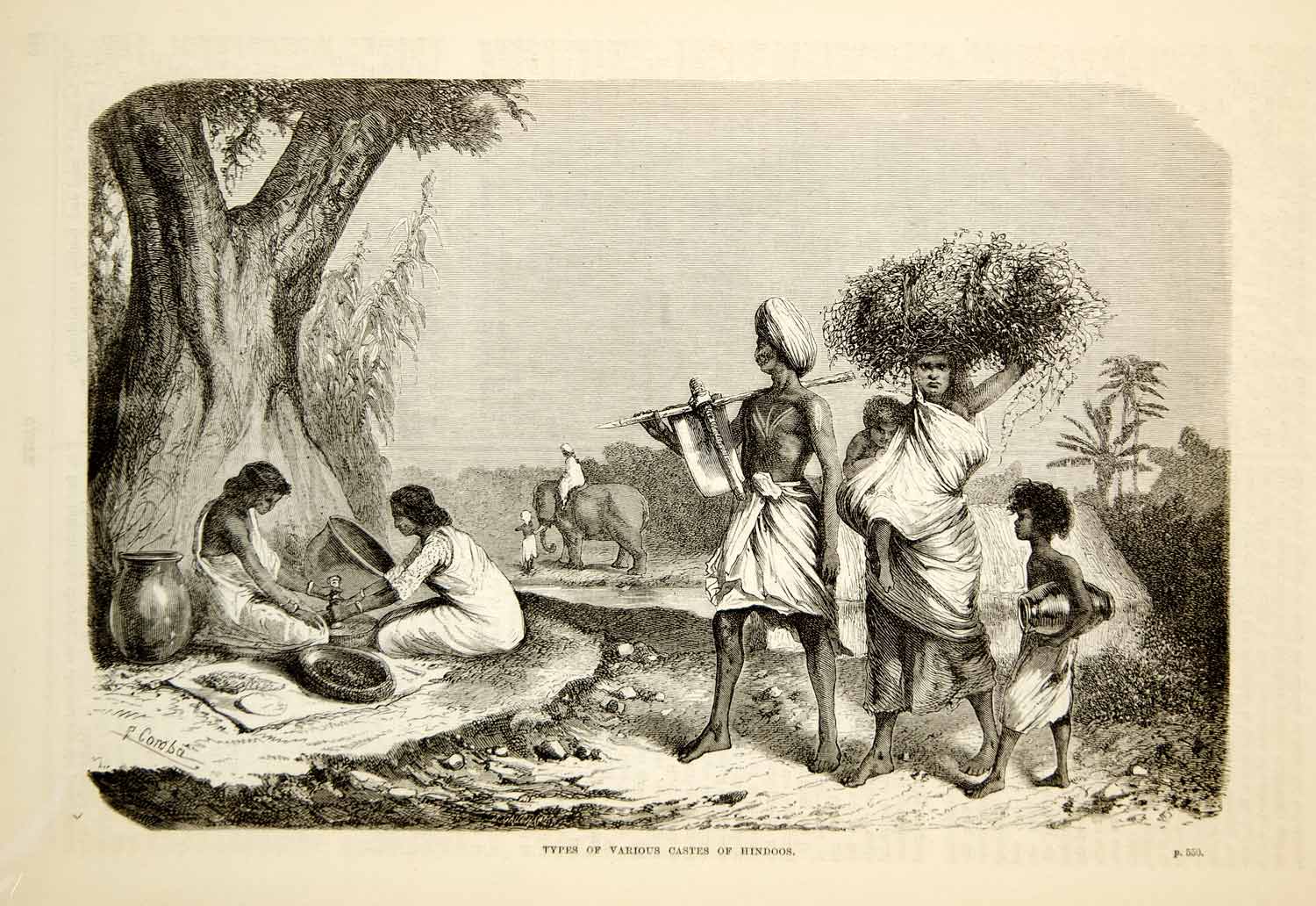 1876 Wood Engraving Hindu Castes India Men Woman Child Boy Costume Indian TWW1