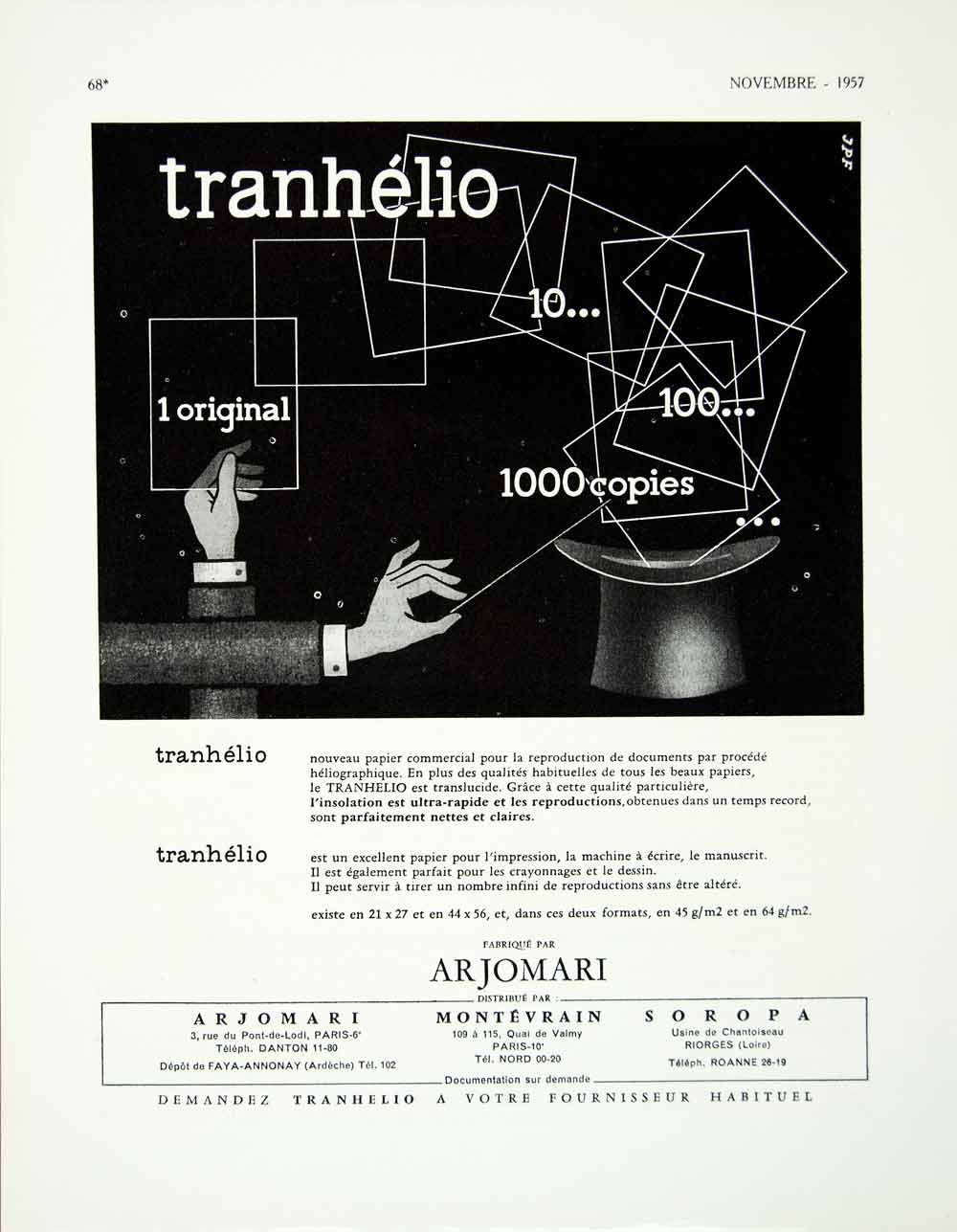 1957 Ad Arjomari Montevrain Soropa Tranhelio French Copy Paper Heliography VEN1