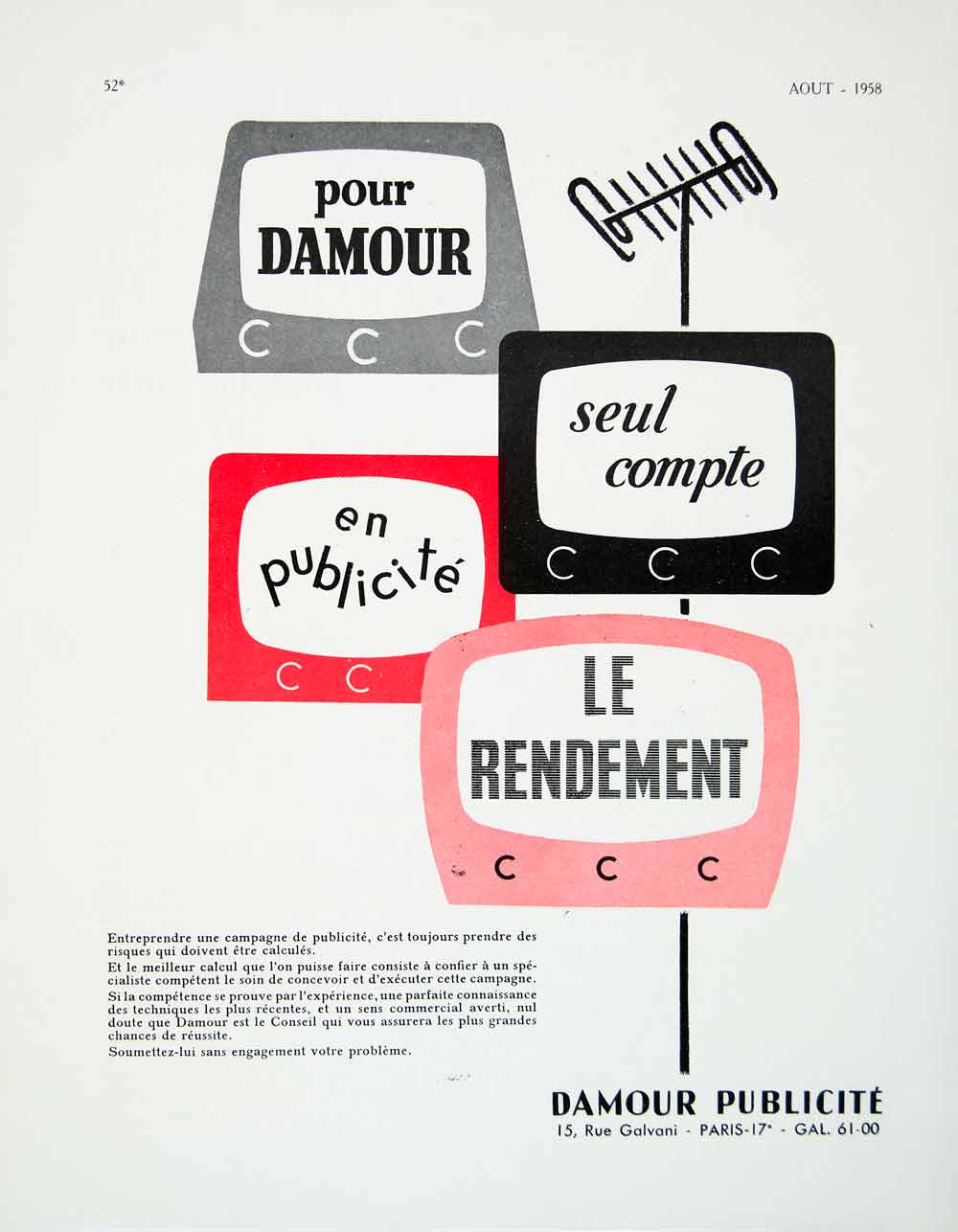 1958 Ad Damour Publicite Television Antenna French Advertising Agency VEN1