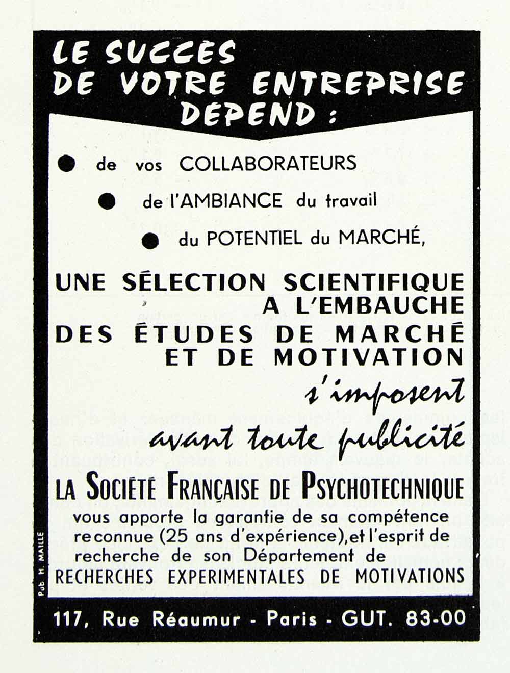 1958 Ad Societe Francaise Psychotechnique 117 Rue Reaumer Experimental VEN1
