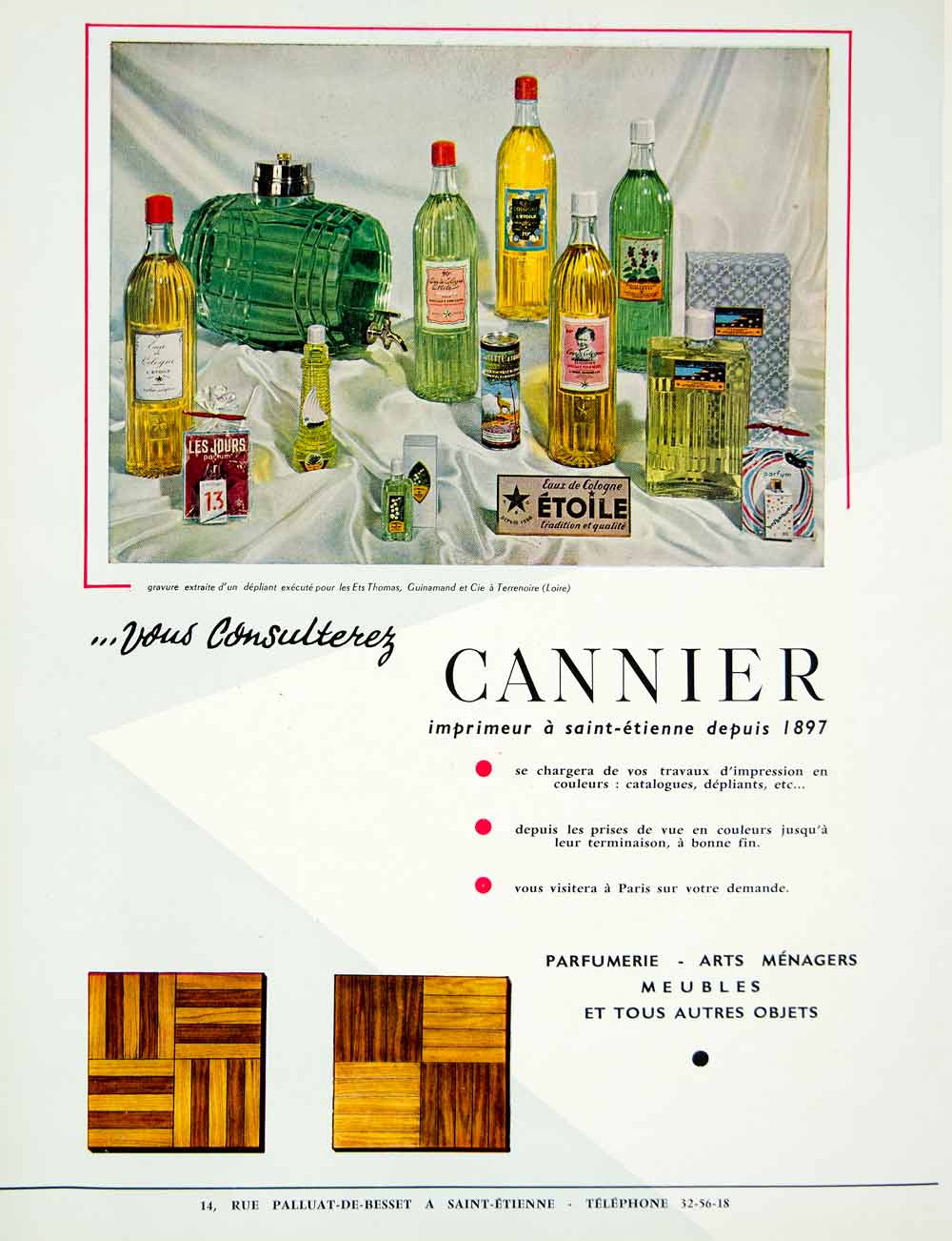 1958 Ad Fifties Dress Retro Heater Cannier Perfume Jars Bottles French VEN1