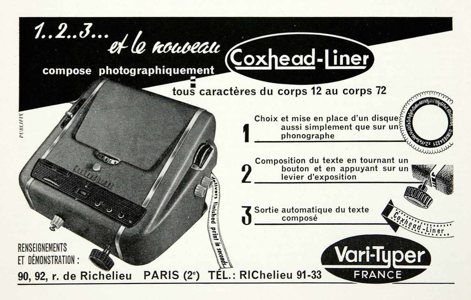 1955 Ad Vari-Typer France French Advertisement Coxhead-Liner Richelieu VEN2