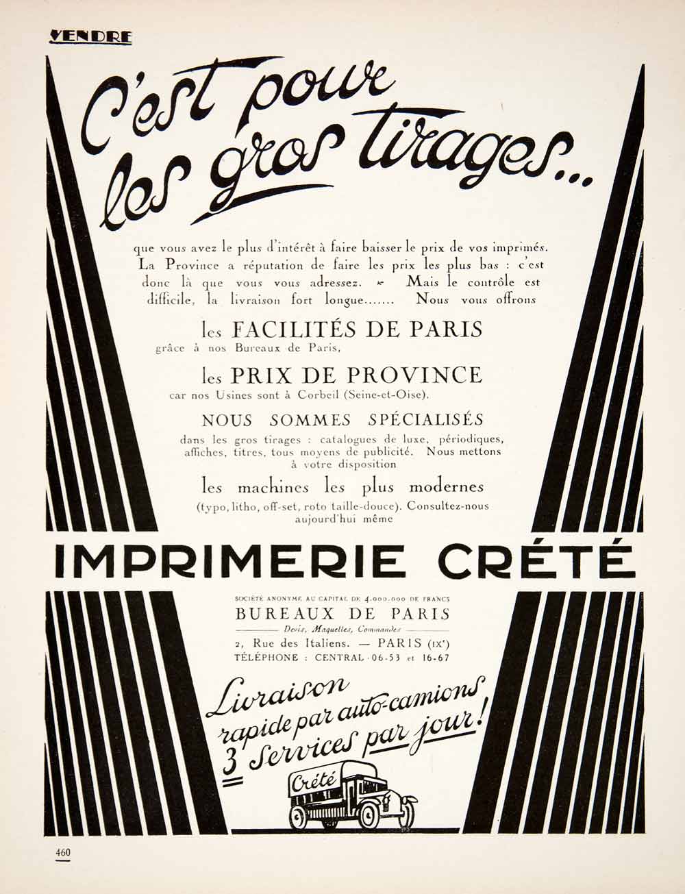 1925 Ad Imprimerie Crete Advertising Printing Press French Agency Bulk Run VEN3