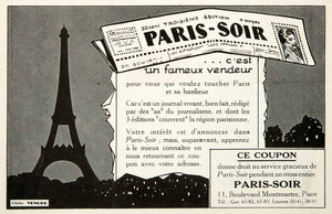 1926 Ad Paris-Soir Eiffel Tower Paris 11 Boulevard Montmartre Advertising VEN4