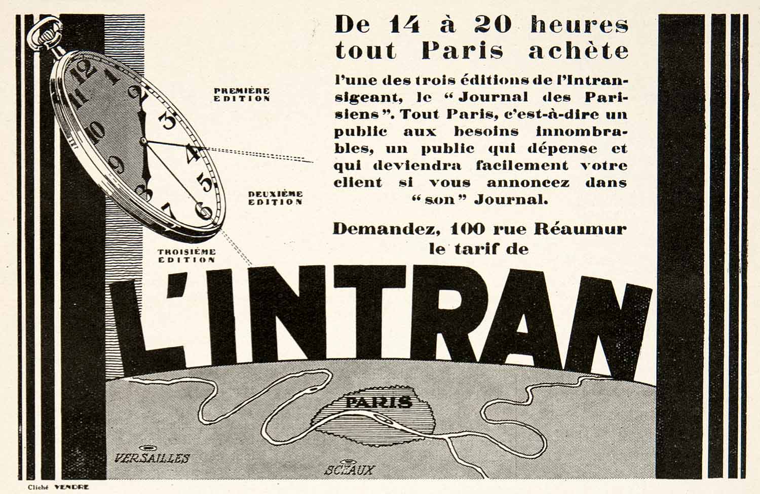 1926 Ad L'Intransigeant Paris 100 Rue Reaumur Advertising Pocket Watch VEN4